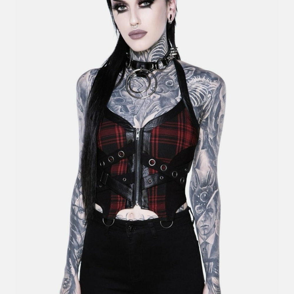 Killstar Cadaver Zip Punk Gothic Alternative Scene Plaid Halter Top